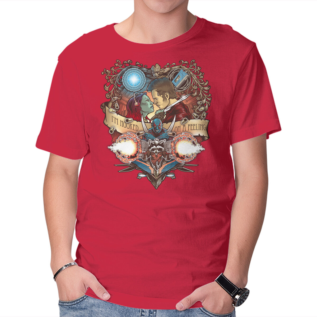 Hooked On A Feeling – Sci-Fi Graphic T-Shirt in red, product display