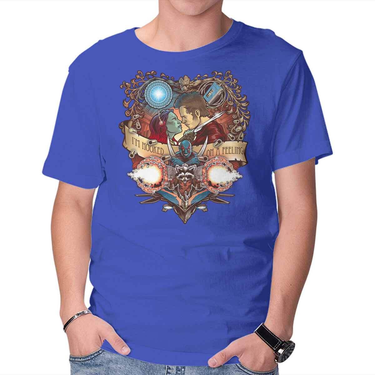 Hooked On A Feeling – Sci-Fi Graphic T-Shirt in royal blue, product display