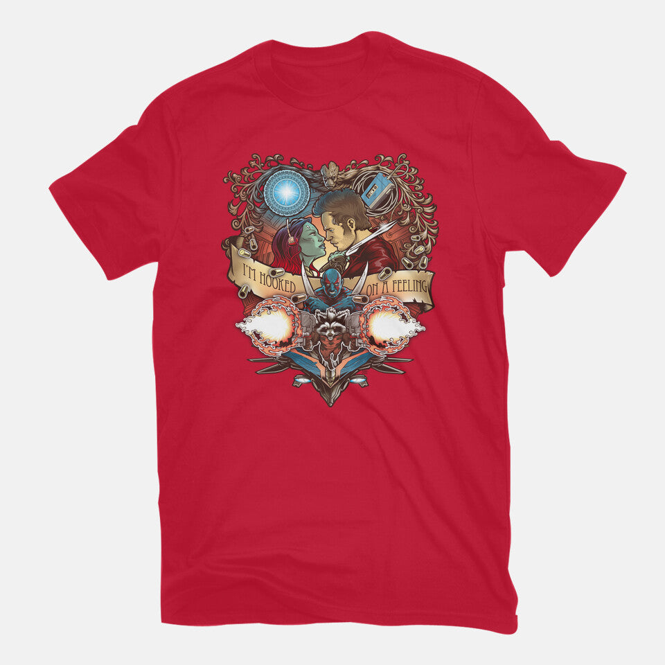 Hooked On A Feeling – Sci-Fi Graphic T-Shirt in red, flat-lay product view