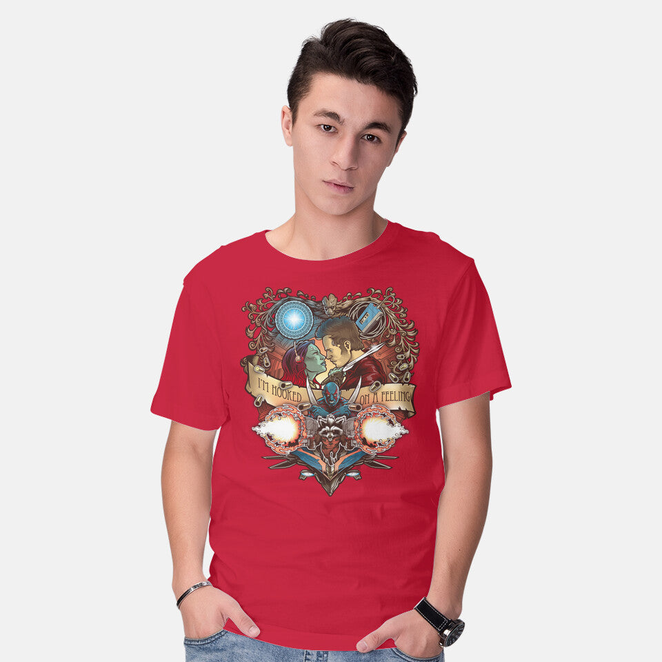Model wearing red Hooked On A Feeling – Sci-Fi Graphic T-Shirt