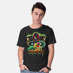 Model wearing black Duel Between Ladies – Gaming Graphic T-Shirt