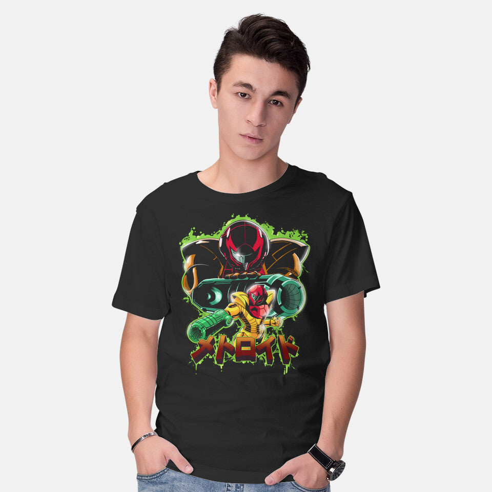 Model wearing black Duel Between Ladies – Gaming Graphic T-Shirt