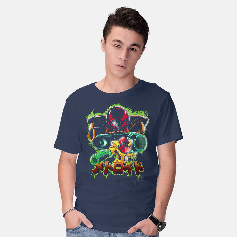 Model wearing navy Duel Between Ladies – Gaming Graphic T-Shirt