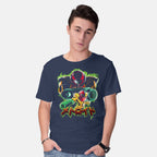 Model wearing navy Duel Between Ladies – Gaming Graphic T-Shirt