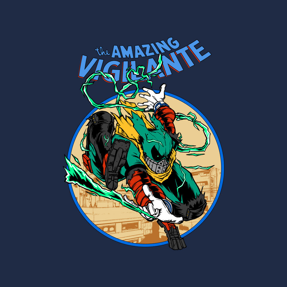 The Amazing Vigilante – Anime Graphic T-Shirt design artwork for navy graphic T-shirt