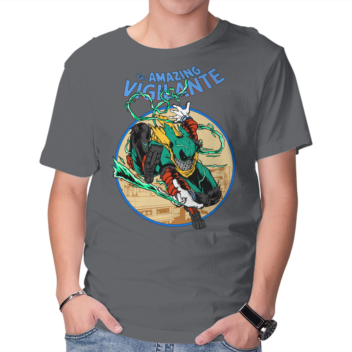 The Amazing Vigilante – Anime Graphic T-Shirt in charcoal, product display