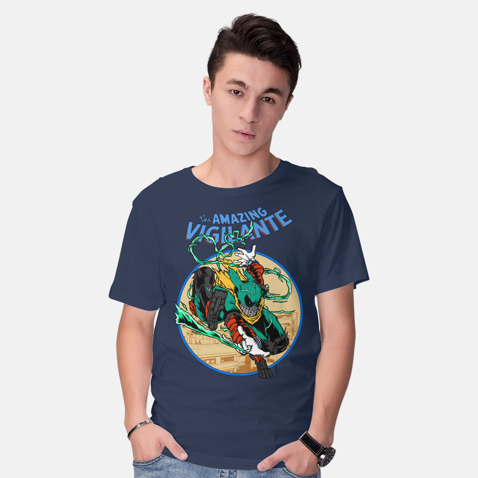 Model wearing navy The Amazing Vigilante – Anime Graphic T-Shirt