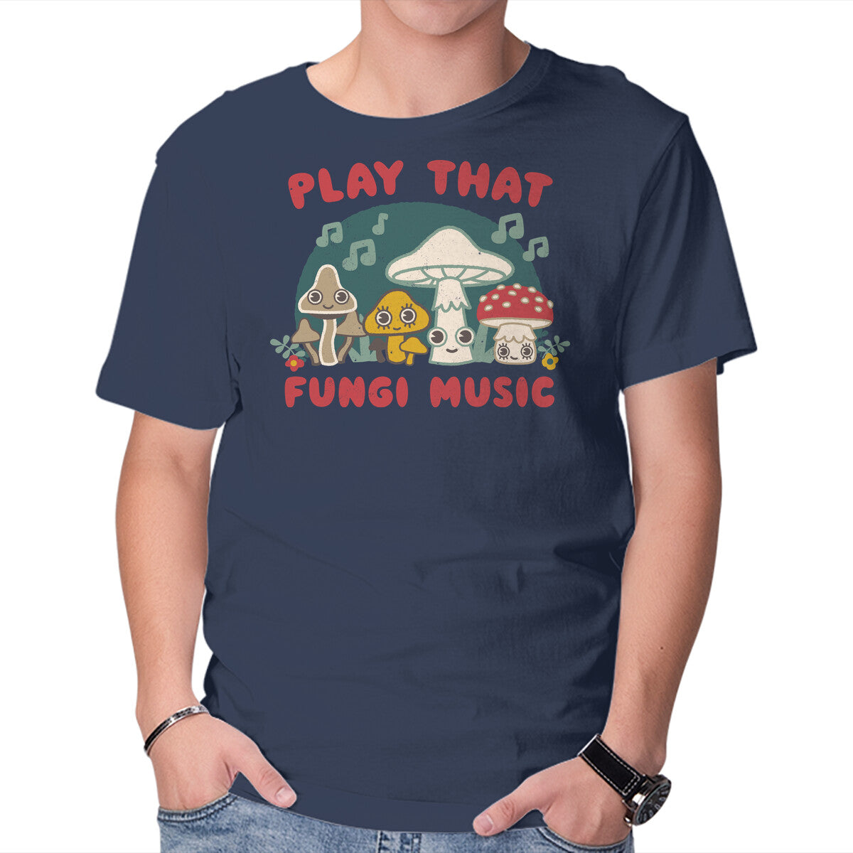 Play That Fungi Music – Music Graphic T-Shirt in navy, product display