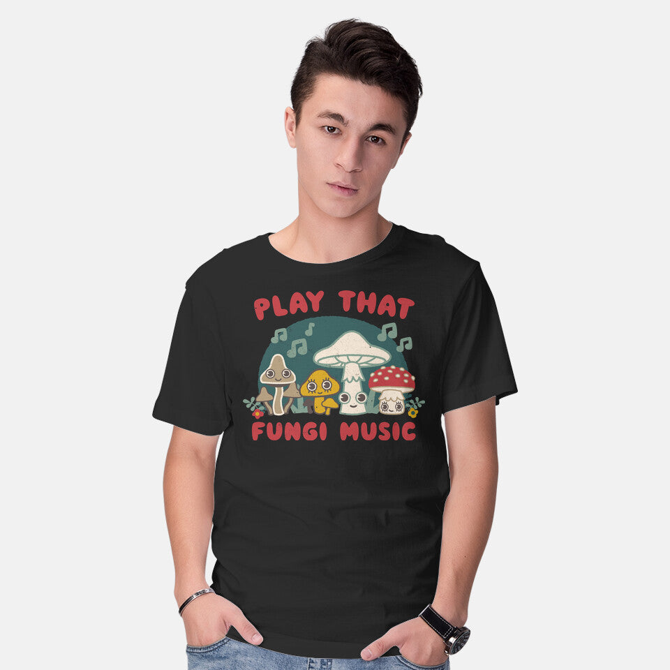 Model wearing black Play That Fungi Music – Music Graphic T-Shirt
