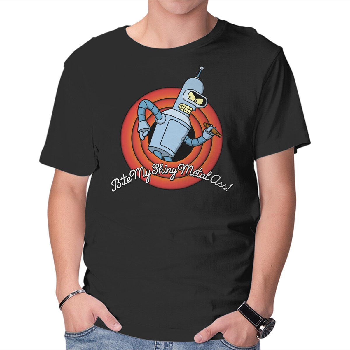 Bite My Shiny Metal – Sci-Fi Graphic T-Shirt in black, product display