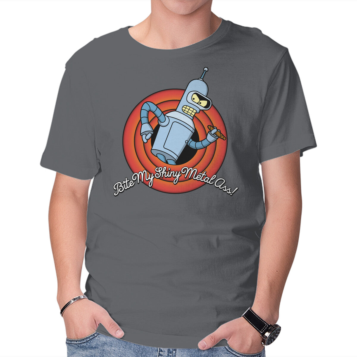 Bite My Shiny Metal – Sci-Fi Graphic T-Shirt in charcoal, product display