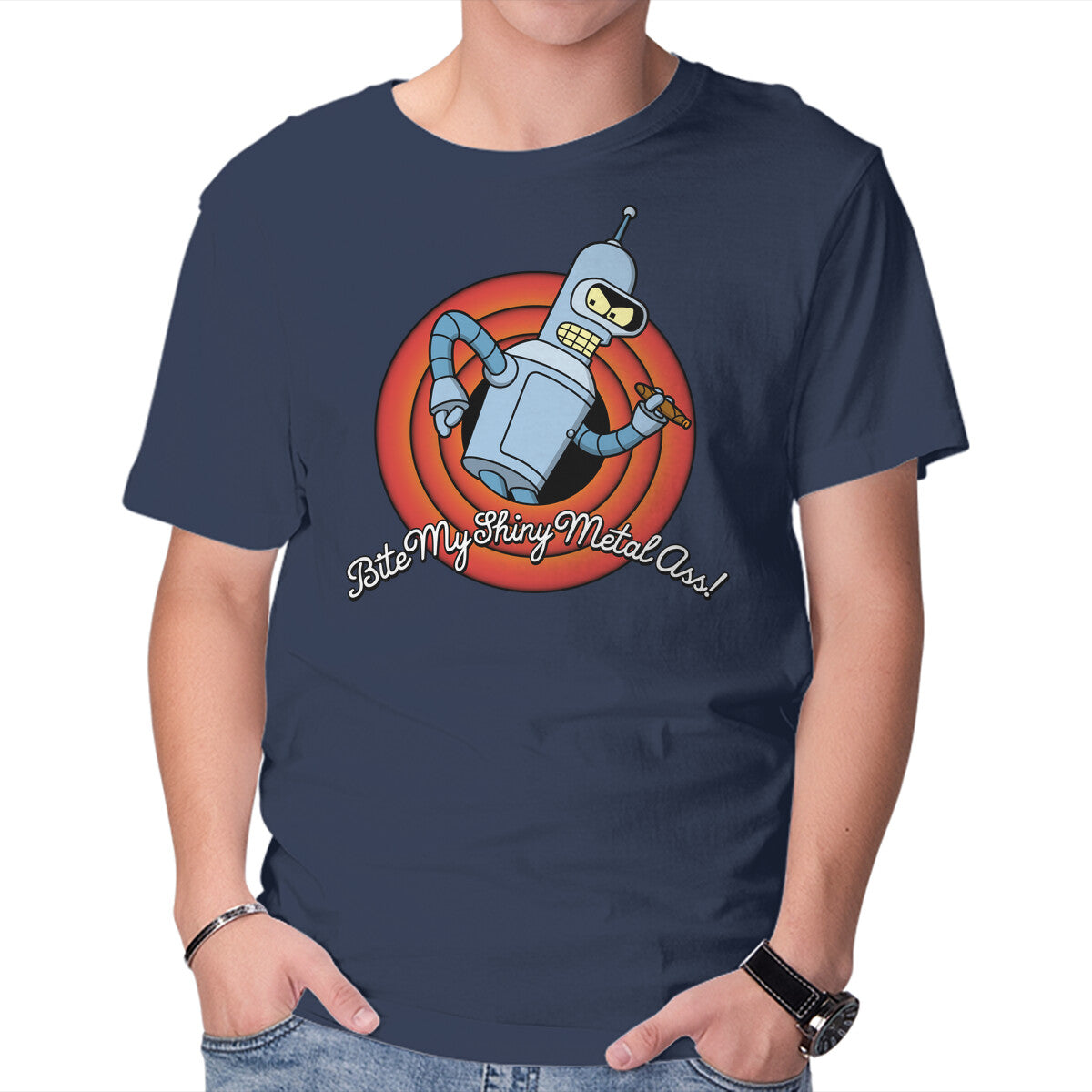 Bite My Shiny Metal – Sci-Fi Graphic T-Shirt in navy, product display