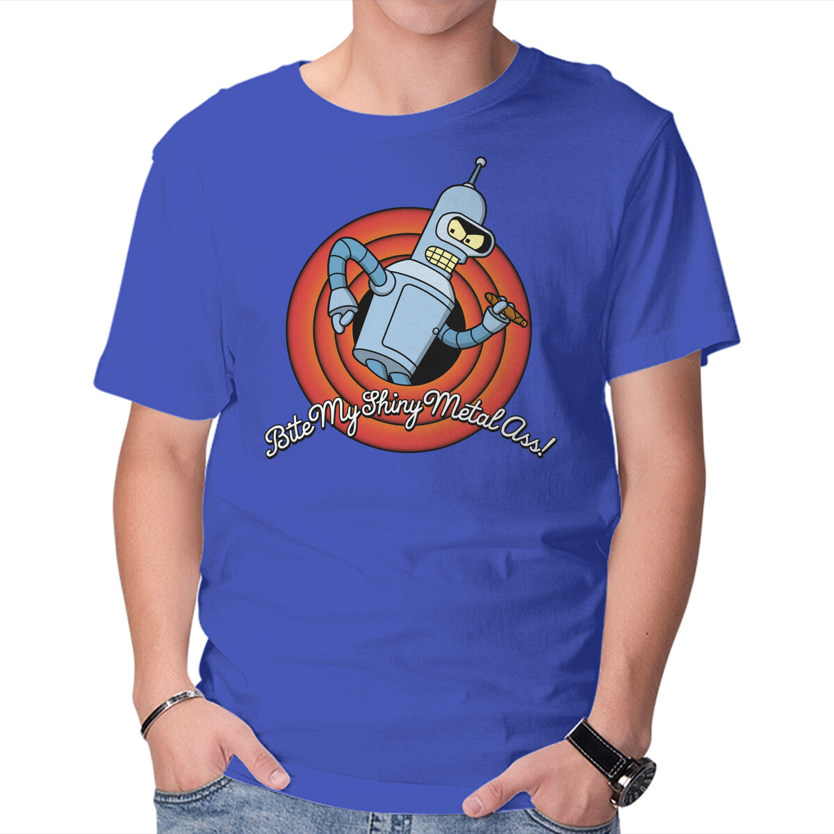 Bite My Shiny Metal – Sci-Fi Graphic T-Shirt in royal blue, product display