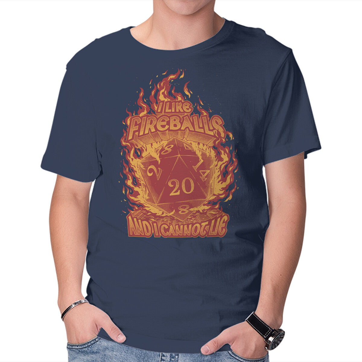 I Like Fireballs – Gaming Graphic T-Shirt in navy, product display