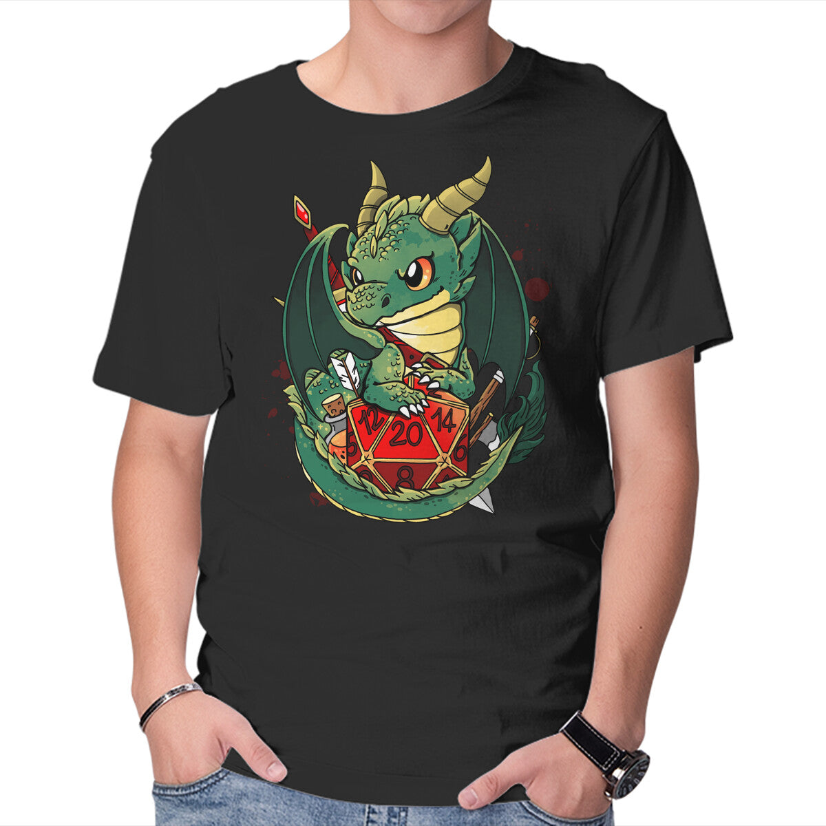 Dragon Role Dice – Gaming Graphic T-Shirt in black, product display