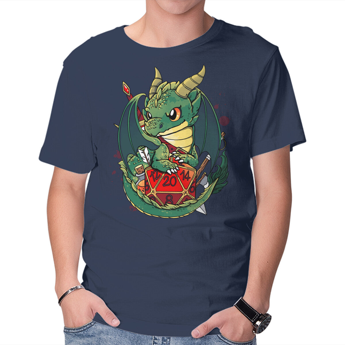 Dragon Role Dice – Gaming Graphic T-Shirt in navy, product display