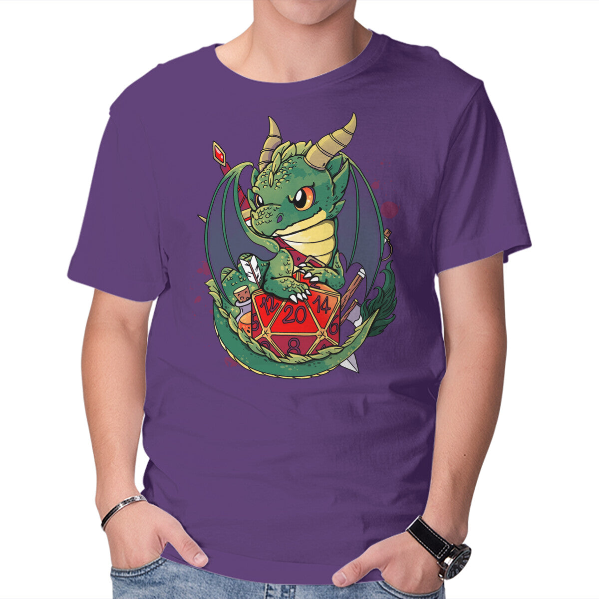 Dragon Role Dice – Gaming Graphic T-Shirt in purple, product display