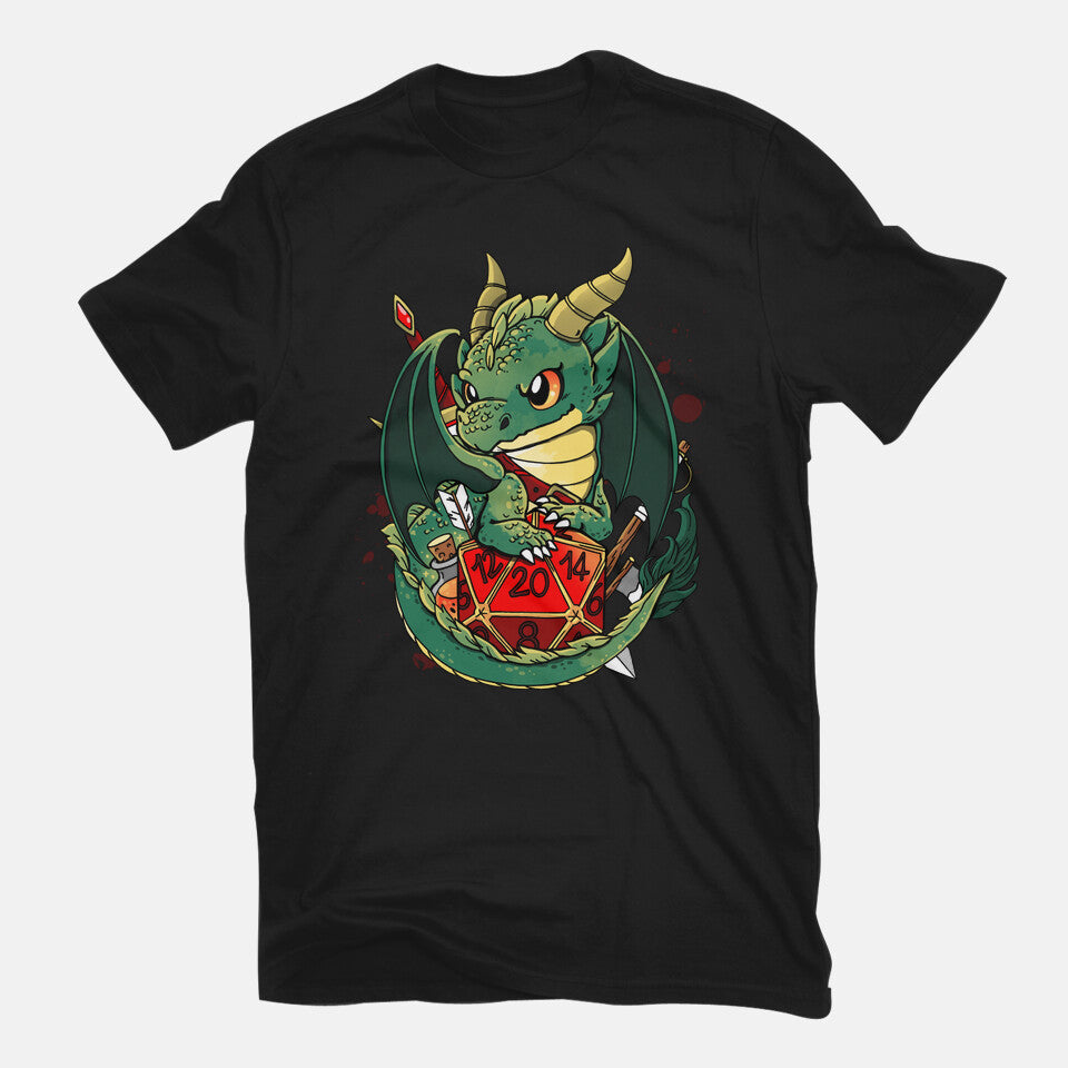 Dragon Role Dice – Gaming Graphic T-Shirt in black, flat-lay product view