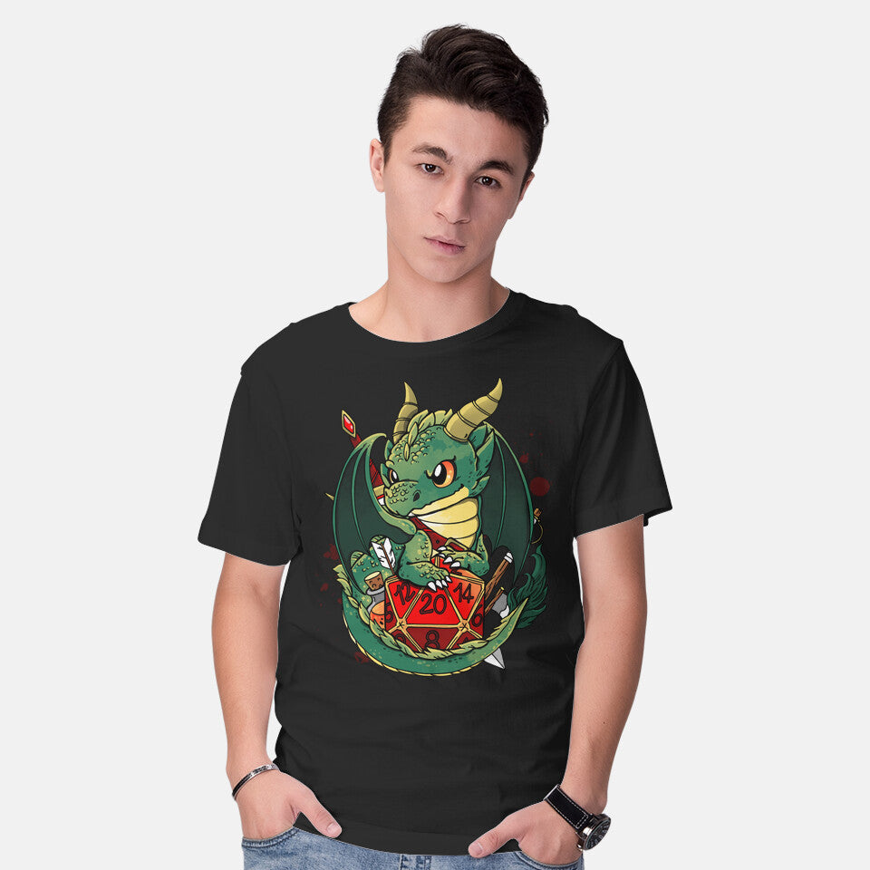 Model wearing black Dragon Role Dice – Gaming Graphic T-Shirt