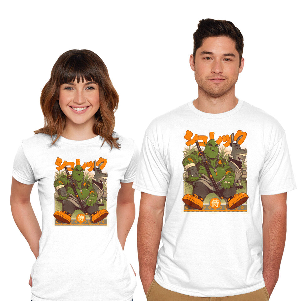 Model wearing white Samurai Shurekku – Movie Graphic T-Shirt