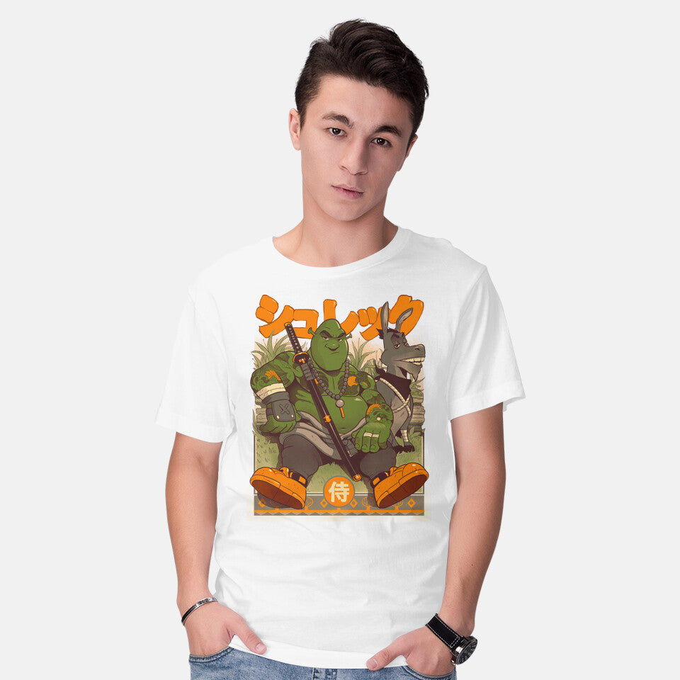 Model wearing white Samurai Shurekku – Movie Graphic T-Shirt