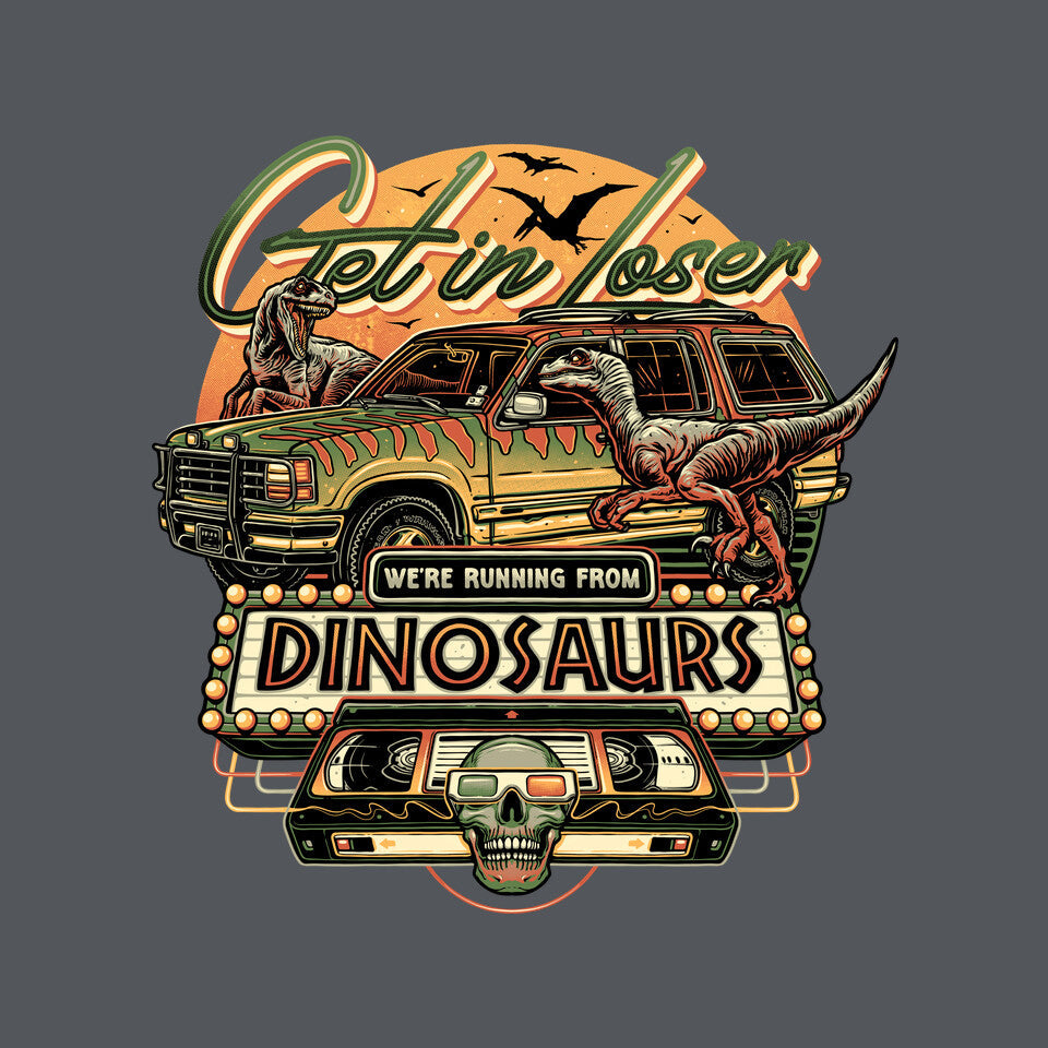 Running From Dinosaurs – Movie Graphic T-Shirt design artwork for charcoal graphic T-shirt