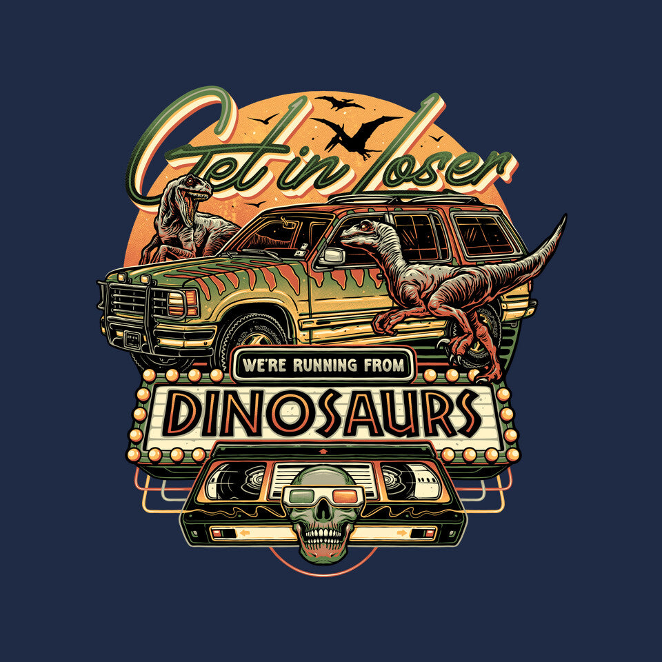 Running From Dinosaurs – Movie Graphic T-Shirt design artwork for navy graphic T-shirt