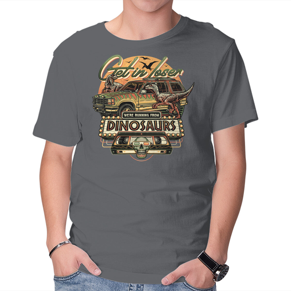 Running From Dinosaurs – Movie Graphic T-Shirt in charcoal, product display