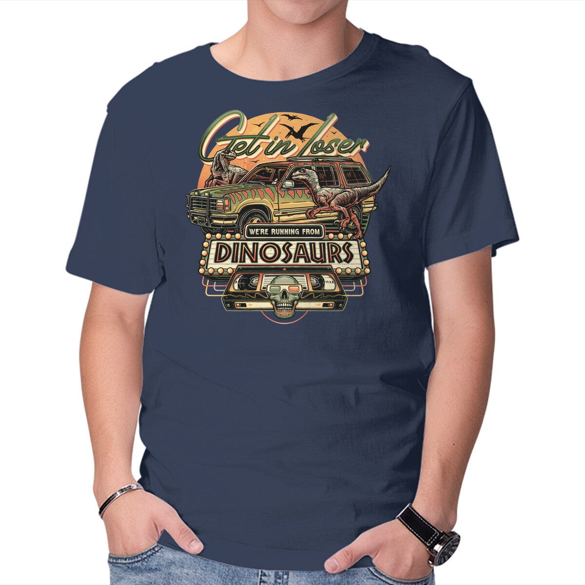 Running From Dinosaurs – Movie Graphic T-Shirt in navy, product display