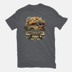 Running From Dinosaurs – Movie Graphic T-Shirt in charcoal, flat-lay product view
