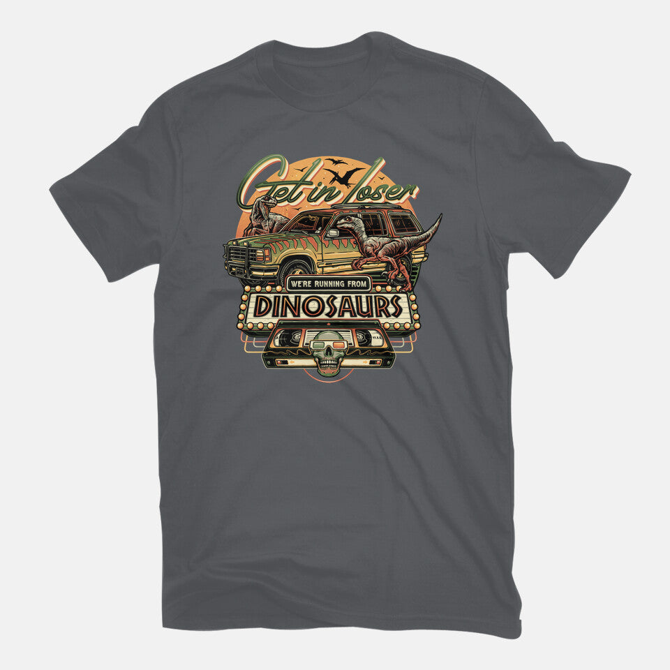 Running From Dinosaurs – Movie Graphic T-Shirt in charcoal, flat-lay product view