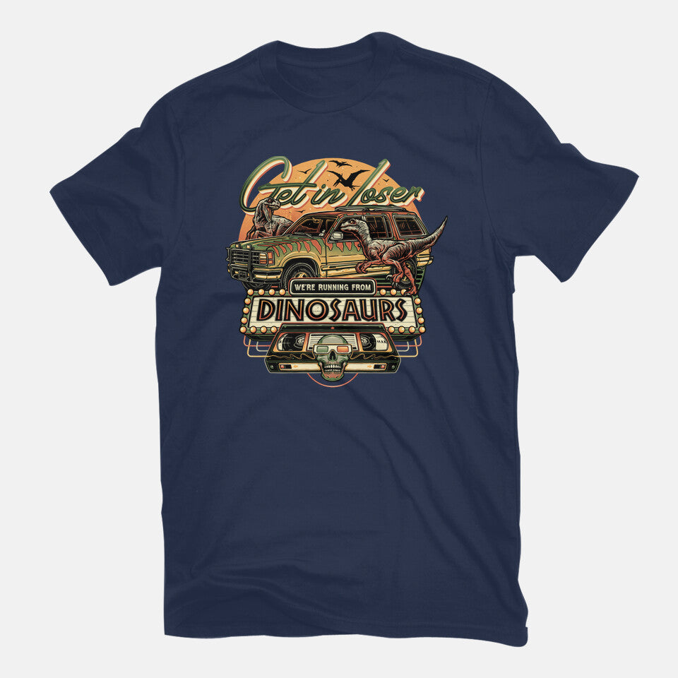 Running From Dinosaurs – Movie Graphic T-Shirt in navy, flat-lay product view
