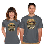 Model wearing charcoal Running From Dinosaurs – Movie Graphic T-Shirt