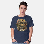 Model wearing navy Running From Dinosaurs – Movie Graphic T-Shirt