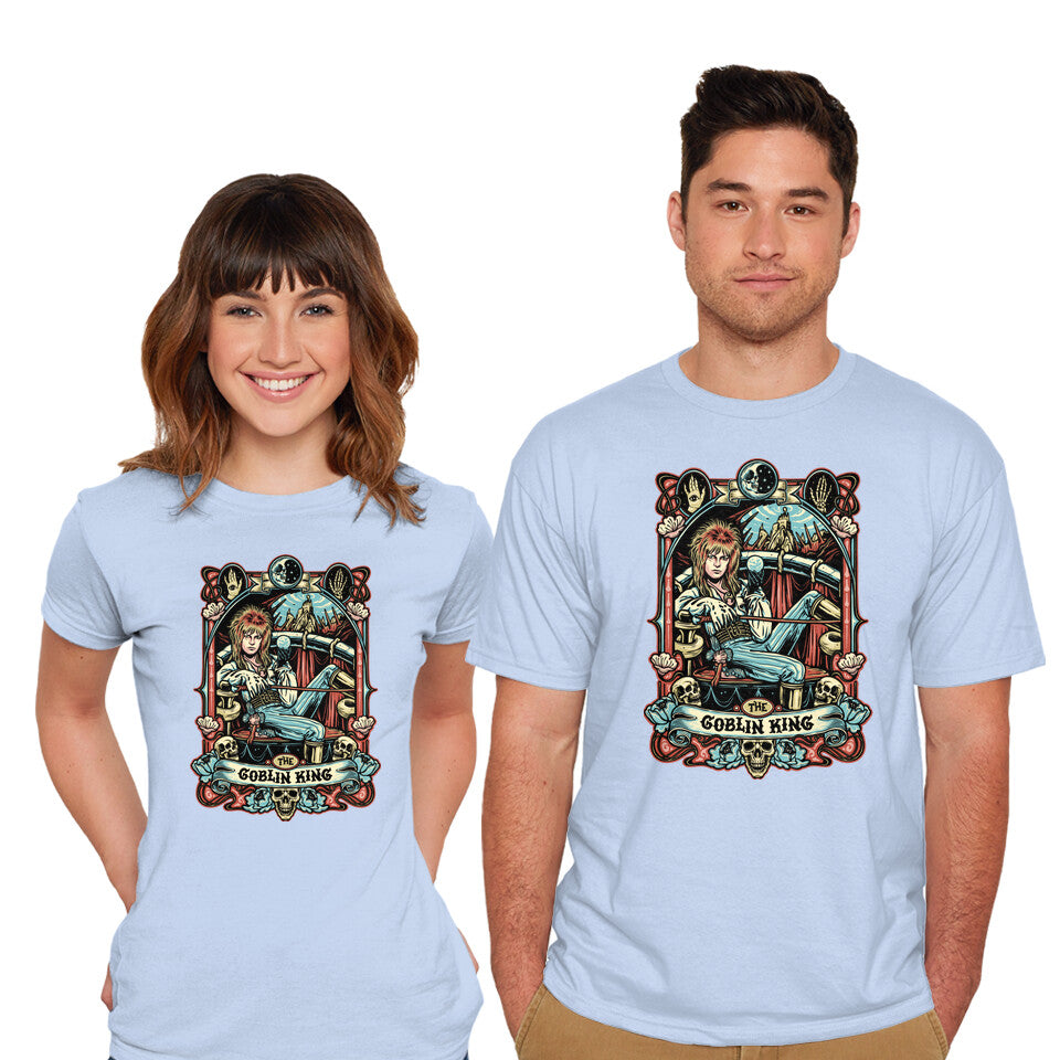 Model wearing blue The Goblin King – Fantasy Graphic T-Shirt