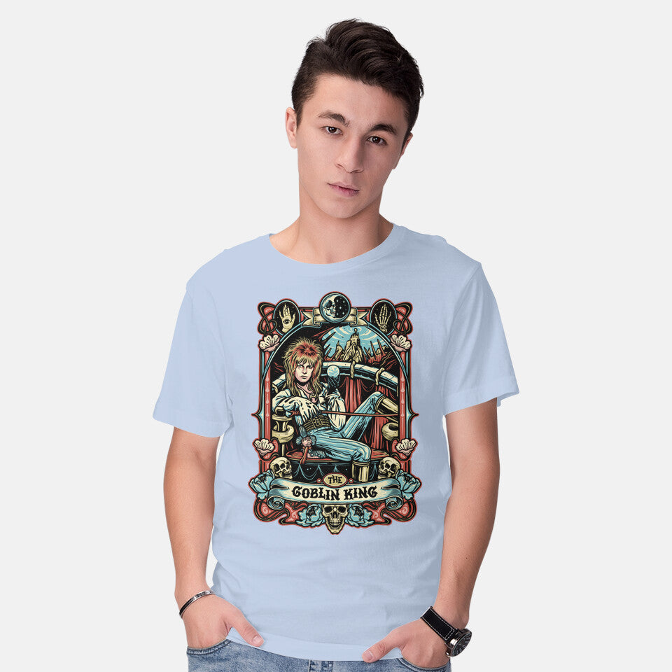 Model wearing blue The Goblin King – Fantasy Graphic T-Shirt