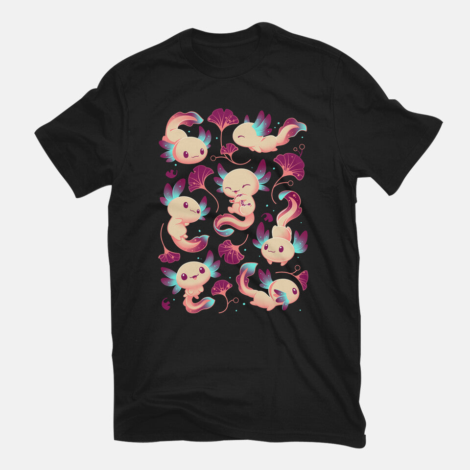 Axolotl Wonders – Animal Graphic T-Shirt in black, flat-lay product view
