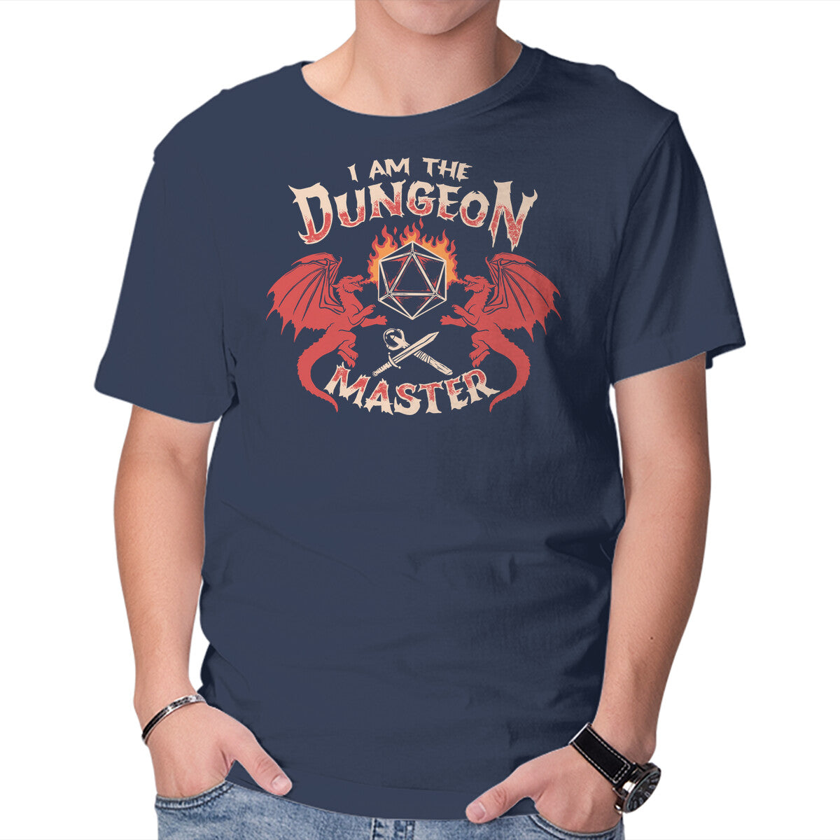 I Am The Dungeon Master – Gaming Graphic T-Shirt in navy, product display
