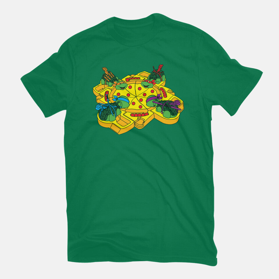 Hungry Hungry Turtles – Gaming Graphic T-Shirt in green, flat-lay product view