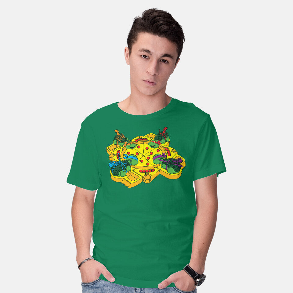 Model wearing green Hungry Hungry Turtles – Gaming Graphic T-Shirt