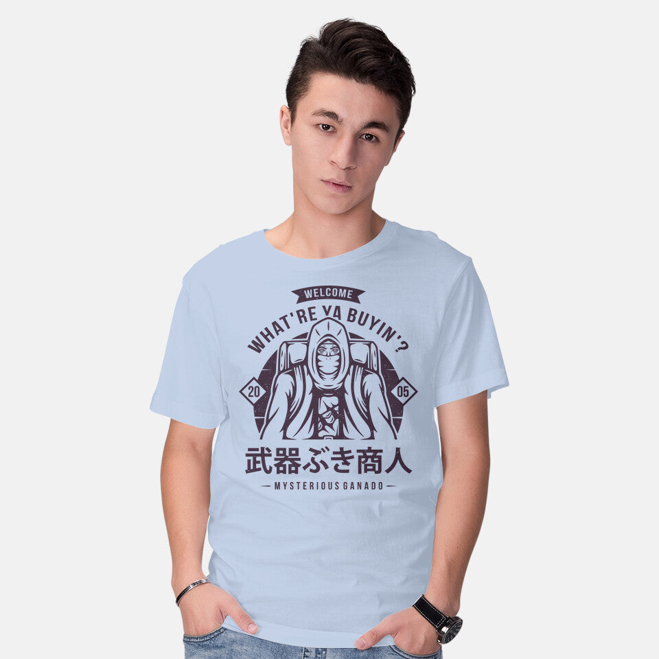 Model wearing blue The Merchant – Halloween Graphic T-Shirt