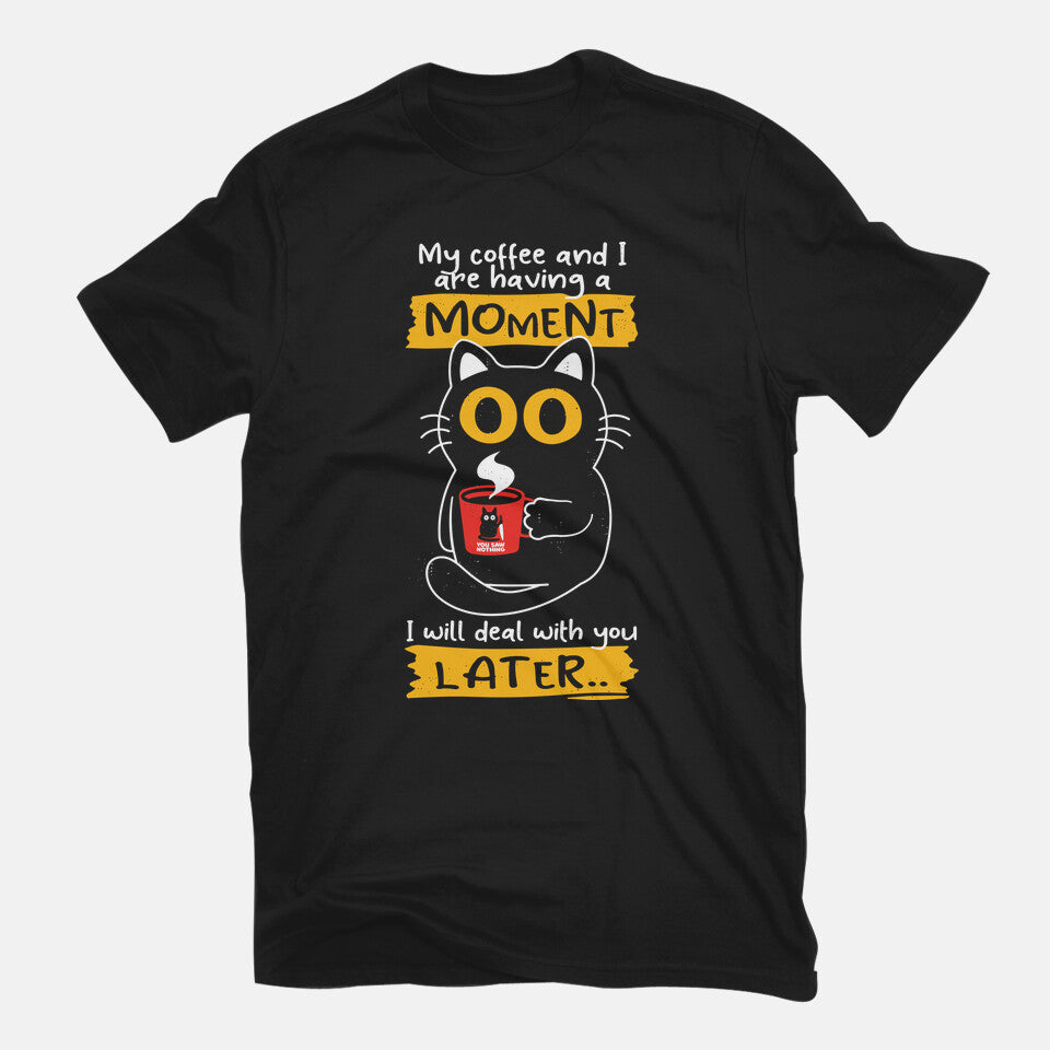Coffee Moment – Cat Graphic T-Shirt in black, flat-lay product view