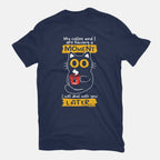 Coffee Moment – Cat Graphic T-Shirt in navy, flat-lay product view