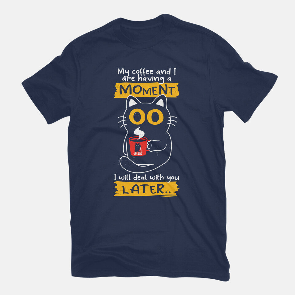 Coffee Moment – Cat Graphic T-Shirt in navy, flat-lay product view