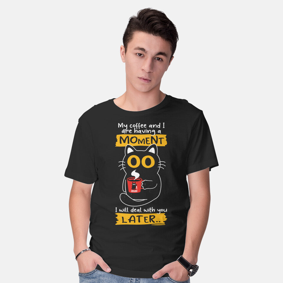 Model wearing black Coffee Moment – Cat Graphic T-Shirt
