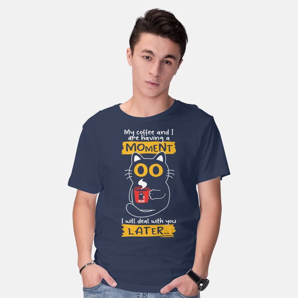 Model wearing navy Coffee Moment – Cat Graphic T-Shirt