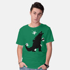 Model wearing green Ouch! – Cat Graphic T-Shirt