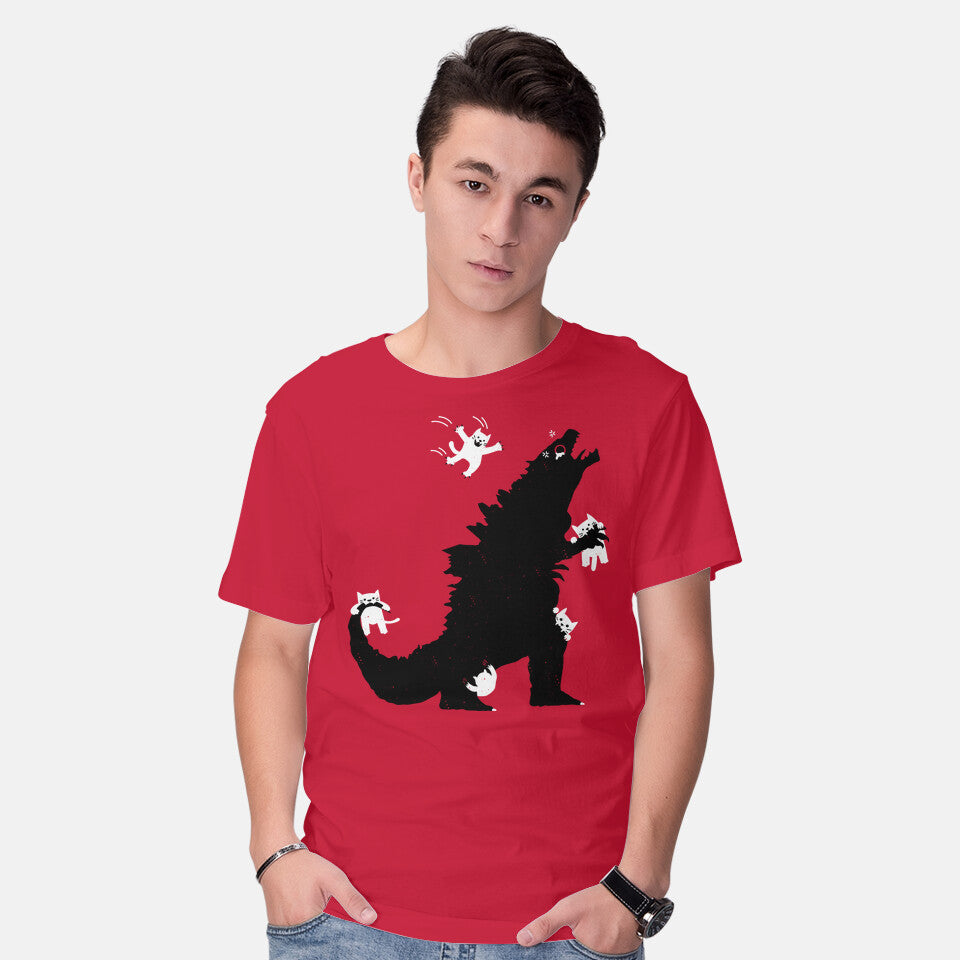 Model wearing red Ouch! – Cat Graphic T-Shirt