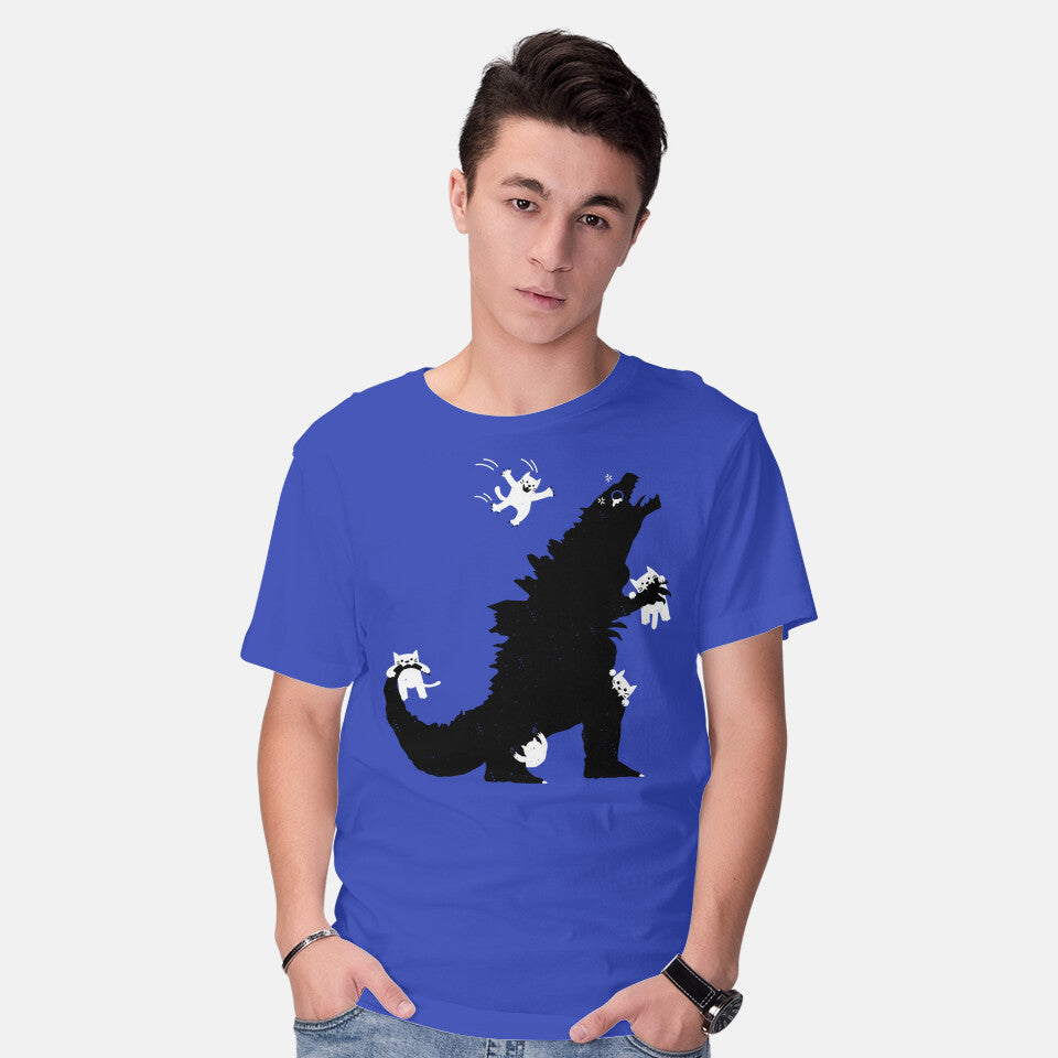 Model wearing royal blue Ouch! – Cat Graphic T-Shirt