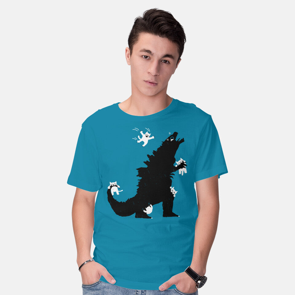 Model wearing turquoise Ouch! – Cat Graphic T-Shirt